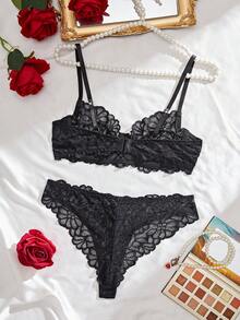 2pcs/Set Women's Sexy Lingerie, Black Lace Floral Bra Set With Adjustable Straps, Sexy Bra, Valentine's Day Gift - Black - View 2