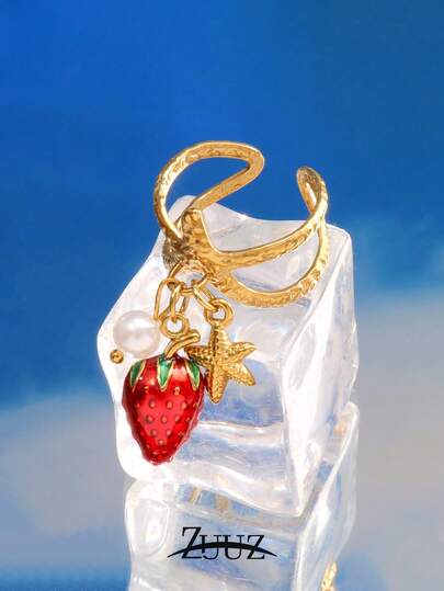 1pc Fashion Stainless Steel Starfish Strawberry Charm Ring For Women Wide Open Ring Jewelry Gifts Suitable For Women Everyday Party Wear