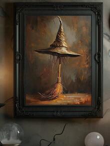 1pc, Canvas Wall Art, Framed Art Decor, Hangable, Wall Art, Poster, Witch's Hat, Horror Season Wall Art Decor, Halloween Poster, Witch's Hat And Broom, Gifts For Witch Lovers, Autumn Decor, Halloween Decor, Halloween Decor Aesthetics, Room Decor, Dorm Room Decor, Bedroom Decor Home Decor Fall Decor