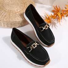 Women Flat Round Toe Slip On Loafer Shoes Low Heel Wedge Buckle Soft Bottom - màu đen - Xem 1