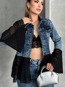 Women's Casual Pocket Front Button Thin Patchwork Jean Jacket, College Style - Blue - View 4