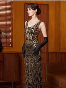 1920s Vintage Sequin Beaded Dress, Plus Size Black With Gold, Suitable For Parties, Weddings, Guest Occasions - Black - View 7