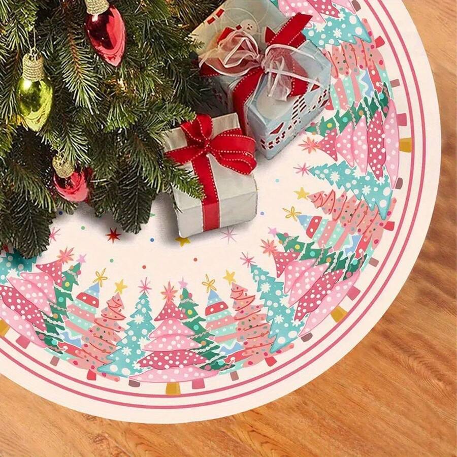1pc Christmas Tree Skirt, Pink Christmas Tree Theme, Indoor/Outdoor Christmas Tree Mat Decor, Holiday Party Gift, Suitable For Christmas, New Year, Thanksgiving Decoration
