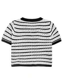 女式撞色条纹圆领插肩针织打底 T 恤，全新夏季百搭上衣 - 黑與白 - 查看 11