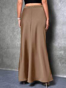 Plus Size Women Elegant Maxi Satin Skirt, Solid Color - Camel - View 3