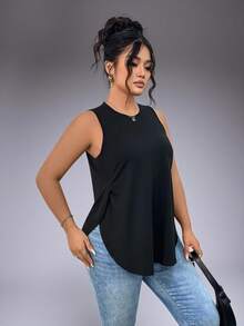 1 pieza Camiseta sin mangas deportiva de verano de talla grande con abertura lateral, color negro - Negro - Ver 8
