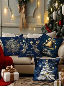 4 Stücke, einseitig bedruckter Kissenbezug, Blau und Gold Weihnachtsthema Schneeflocken und Glocken Serie Kissenbezug Set, 40x40cm/45x45cm/50x50cm, Heimdekoration Kissenbezug geeignet für Wohnzimmer Sofa und Schlafzimmer, Kissenkern nicht enthalten - Blau - Übersicht 5
