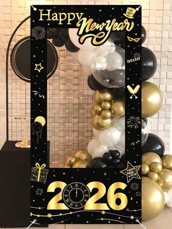 1 pieza Fondo fotográfico temático del Año Nuevo 2026 en negro y dorado, Decoración de fondo para fiesta de Año Nuevo 2026 con tema negro y dorado, Pancarta colgante decorativa para celebrar la fiesta temática del Año Nuevo 2026, Accesorio fotográfico del Año Nuevo 2026, Regalo de Año Nuevo, Suministros decorativos para Año Nuevo, Suministros colgantes de decoración de fondo para fiesta temática, Regalo para fiesta