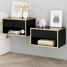Gold Nightstand Set Of 2, Modern Bedside Table With Drawers And Open Shelf, Floating Design, Small Side Table For Bedroom, Black/ White - Black - View 1