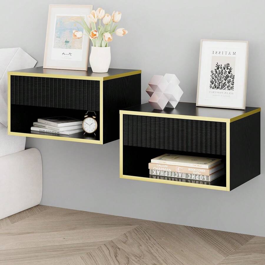 Gold Nightstand Set Of 2, Modern Bedside Table With Drawers And Open Shelf, Floating Design, Small Side Table For Bedroom, Black/ White - Black - View 1
