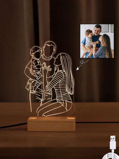 Lámpara de escritorio personalizada con foto 3D, decoración de arte lineal abstracto, retrato familiar personalizado, luz nocturna de acrílico resistente, regalos de aniversario para mamá y papá 15*14cm (5.9*5.51in)