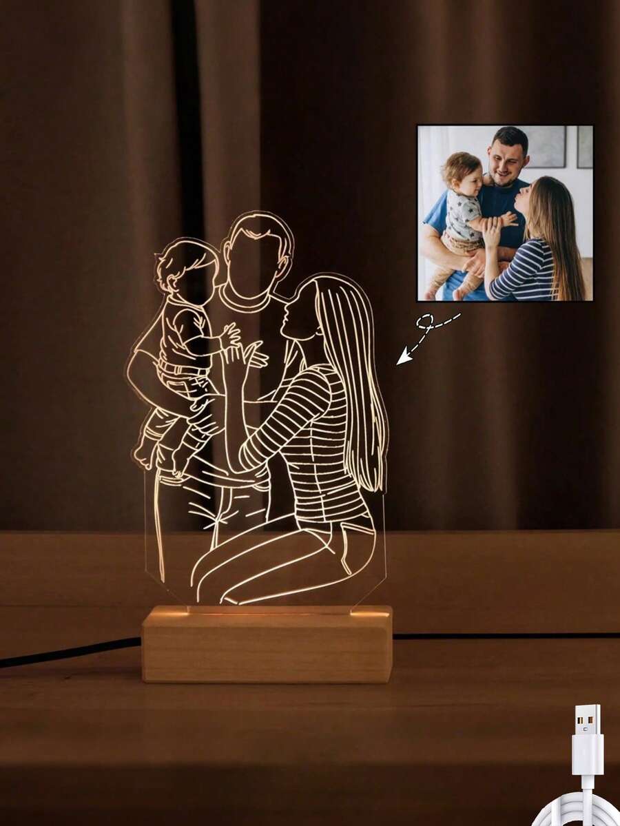 Lámpara de escritorio personalizada con foto 3D, decoración de arte lineal abstracto, retrato familiar personalizado, luz nocturna de acrílico, regalos de aniversario para mamá y papá 15*14cm (5.9*5.51in), decoración de oficina, elegante para el hogar