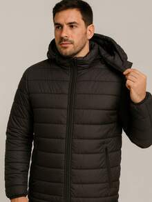 Chamarra acolchada ligera para hombre con gorro desmontable, cierre frontal y bolsillos con cremallera - Negro - Ver 2