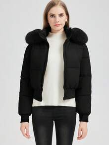 FANMUER Nuovo cappotto imbottito corto da donna con cappuccio e colletto in pelliccia sintetica, maniche lunghe regolari e chiusura con zip, casual per l'inverno