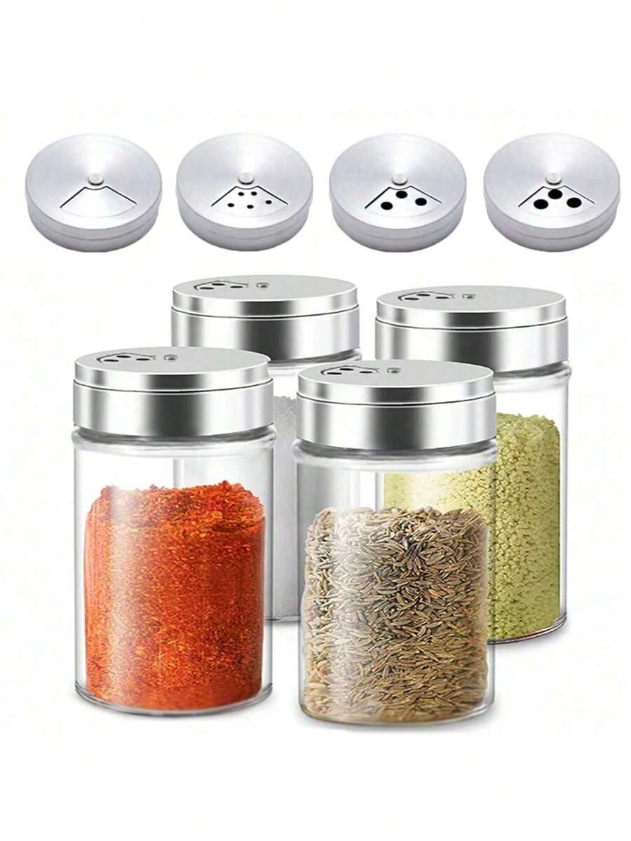 1/2/4件套盐和胡椒粉瓶套装，带可调节倾倒孔的盐和胡椒粉瓶，不锈钢盖胡椒粉罐，玻璃盐和胡椒粉瓶，厨房调味料容器