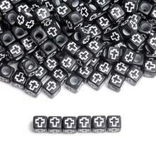 200/600Pcs 6mm Square/7mm Flat Round Acrylic Beads Cross Pattern Beads Loose Spacer Beads For Jewelry Making DIY Bracelets Accessories - 黑底白字/方形 - 查看 2