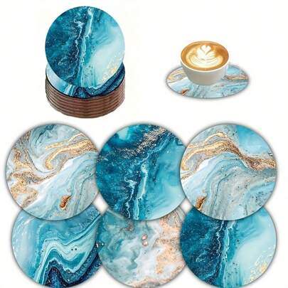 Set Of 6, Artistic Wooden Coaster Set - Ocean Theme, Decorative Table Runner For Home, Office And Party - 10cm Diameter, Table Decoration, Kitchen Decoration, Kitchen Accessories, Home Decoration, Gift For Family, Partner, Friends, Choose 1, 2 Or 31 Sets,Coaster Set,Coasters Drink Coasters,Coaster For Cup At Home