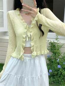 女士休闲V领修身短袖薄针织开衫，配系带腰带，绿色荷叶边，春夏款