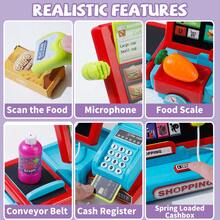 Juego de caja registradora de juguete con calculadora real, juego de tienda de juego, incluye escáner/tarjeta de crédito/dinero de juguete/juguetes de comida, juguetes de aprendizaje, regalos, para Halloween/Navidad