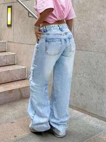 Women's Autumn Clothing Daily Match: Ripped Washed And Bleached Loose Straight Jeans
