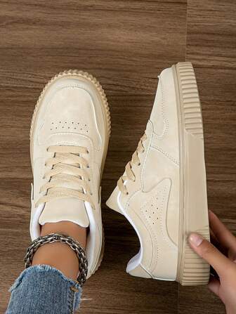 Women's Fashion Casual Sneakers Low-Top Lace-Up Breathable Color Block Athletic Shoes, Lightweight & Comfortable Skate Shoes