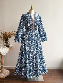 Rusttydustty Đầm Maxi Tay Dài In Hoa Bohemian Cỡ Lớn Cho Nữ, Thích Hợp Cho Kỳ Nghỉ, Du Lịch Và Mặc Hàng Ngày, Mùa Thu/Đông - Xanh và Trắng - Xem 3