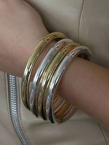 17KM Bộ 4 vòng tay kim loại phong cách Punk dành cho nữ - Thiết kế hình học và tròn, Phụ kiện phù hợp cho cả ngày và tiệc tùng, Bộ vòng tay dự tiệc | Phong cách Punk | Vòng tay tối giản thời trang, Trang sức lấp lánh - Vàng - Xem 8