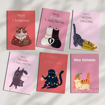 6Pcs 10*14.5mm Christmas Cats Set Of 6 Holiday Greetings Decor Merry Christmas Cute Pink Digital Cards Fun Cat Design, 5.5x3.9 Inch Size For Loved Ones, Friends And Family Greeting Card Gift For Her Friend Daughter Mother Kids Gift