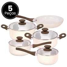 Non-Stick Cookware Set With Marble Coating, Wooden Handle And Glass Lid, 5 Pieces - Beige - View 2