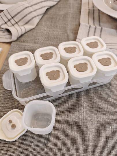 8pcs/4pcs + Tray Cute Bear Silicone Baby Food Storage Containers, Freezer Trays, Snack Boxes With Lids, Meal Prep Containers, Ice Cube Trays