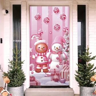 Cartel de puerta 2D, Pancarta de bienvenida con muñeco de nieve rosa y hombre de jengibre, Tamaño 35x70 pulgadas, Decoración colgante multiusos para la entrada del hogar, Decoración navideña y de carnaval al aire libre, Sin electricidad, Sin plumas - Ideal para Navidad y Carnaval