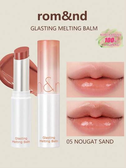 Rom&nd Romand GLASTING 融化唇膏，色号：05 焦糖沙，轻盈融肤配方，柔雾光泽，透气贴合唇部，蜜桃茶啫喱透明款，清凉玫瑰星尘款，冰爽薄荷氧气款，便携式SOS唇膏，裸妆秘诀，韩国化妆品，3.5克/0.12盎司
