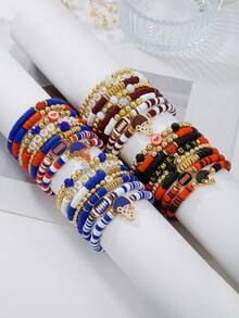 比赛日手链 女士足球手链 红黑蓝 聚合物粘土串珠弹力手链 可叠戴 运动足球手链 手镯 足球妈妈配饰 服装 珠宝礼品