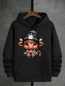 Vintage Highland Cow Print HoodiePlus Size Women's Hoodie, Soft And Breathable Short Sleeve, Perfect For Daily Wear, Outdoor Activities, Travel, And Casual Style, Comfortable All-Day - 黑色 - 查看 1