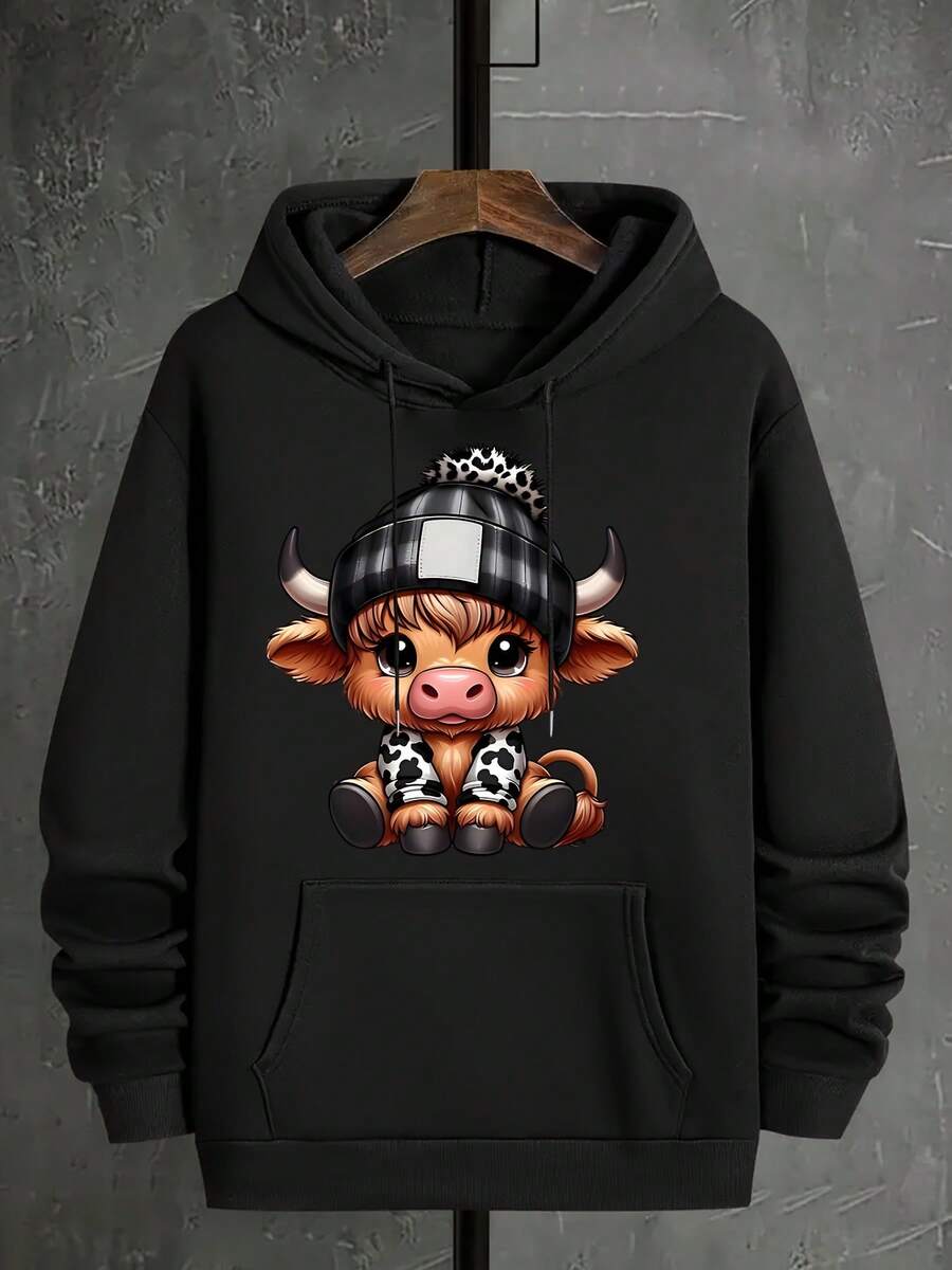 Vintage Highland Cow Print HoodiePlus Size Women's Hoodie, Soft And Breathable Short Sleeve, Perfect For Daily Wear, Outdoor Activities, Travel, And Casual Style, Comfortable All-Day - 黑色 - 查看 1