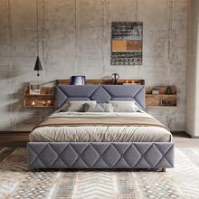 Cama doble 140/160x200 cm, estructura de cama con cabecero con canapé y 4 cajones, somier de láminas, cama doble para adolescentes, adultos, (lino gris)