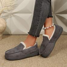 Women Warm Lined Slippers Loafers Casual Slip On Shoes Walking - 灰色 - 查看 10
