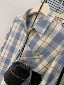 Women's Spring Plaid Patchwork Front Button Pocket Casual Shirt - Blue - View 3