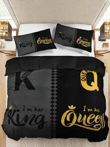 3pcs Bedding Set (1 Duvet Cover And 2 Pillowcases, Core And Pillow Not Included), Home Or Dorm, High Definition Printed Grey & Black Crown & Letter Pattern - Multicolor - View 6