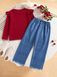 2pcs Girls Casual Outfits, Solid Color Embroidered Cherry Pattern Round Neck Long Sleeve Top And Long Pants Set, Spring/Autumn - Red - View 2