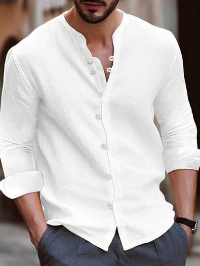 Men's New Casual Shirt, Men's Casual Fashion Business White Long Sleeve Shirt