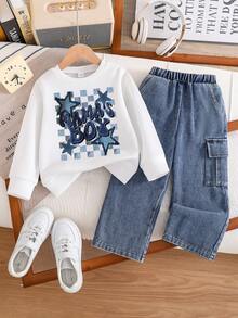 幼儿卡通印花保暖圆领运动衫和牛仔裤套装 - 白色 - 查看 1