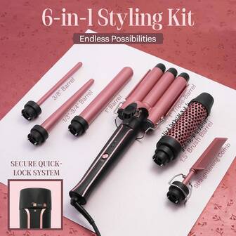 1 Fer à friser 6 en 1 avec brosse thermique et 4 barils en céramique interchangeables (de 1/2 à 1 1/2 pouce), set de fer à friser avec fer plat, chauffe rapidement, fer à friser double tension, cadeau pour femmes