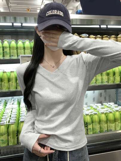 Early Autumn Round Neck Pleated Design Solid Color Long Sleeve Layering Women T-Shirt