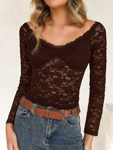 GAOVOT Women's Autumn Y2K Sexy Fitted One Shoulder Long Sleeve Lace Blouse