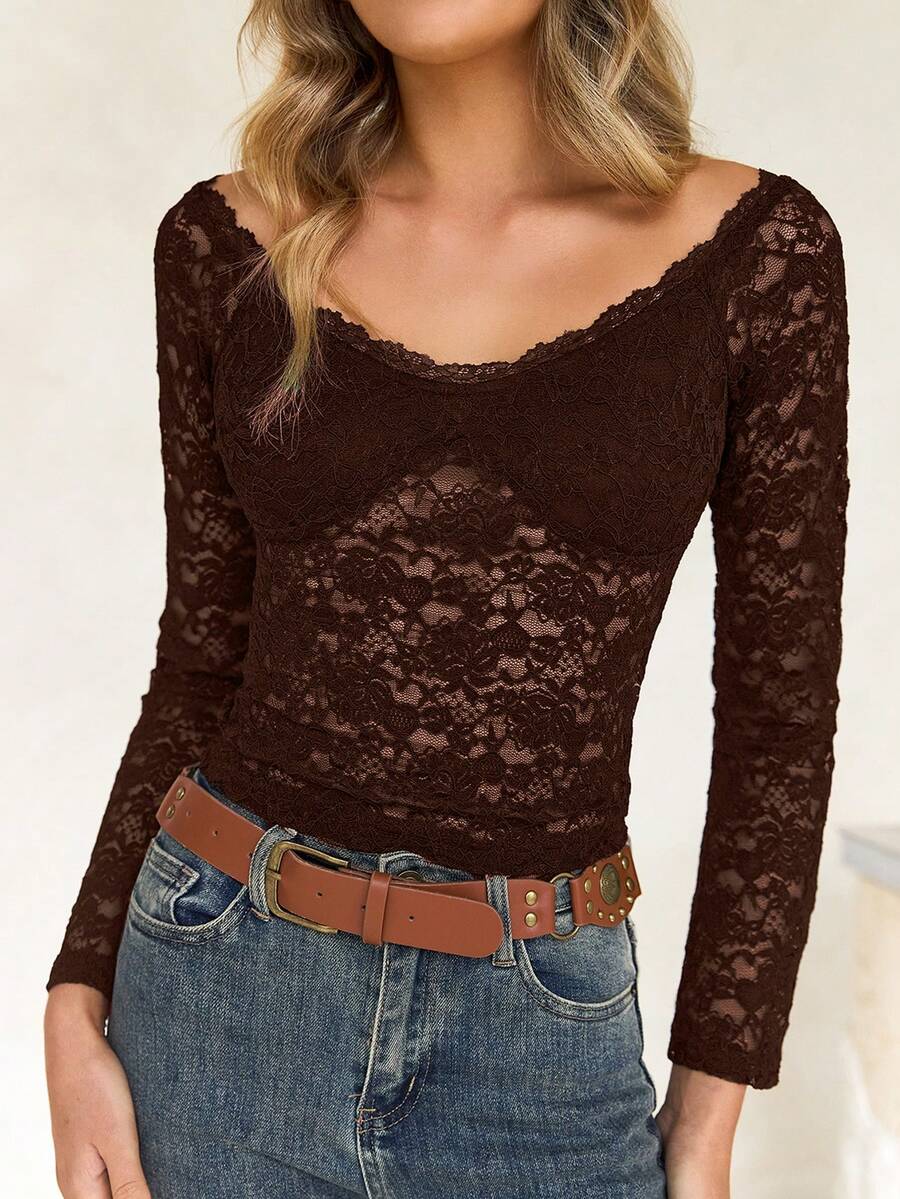 GAOVOT Women's Autumn Y2K Sexy Fitted One Shoulder Long Sleeve Lace Blouse