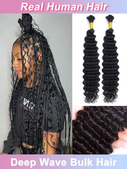 32 Inch Human Braiding Hair For Boho Braids Deep Water Wave Bulk Human Hair For Braiding No Weft Wet And Wavy Curly Human Hair Extensions 2 Bundles/Pack Natural Color