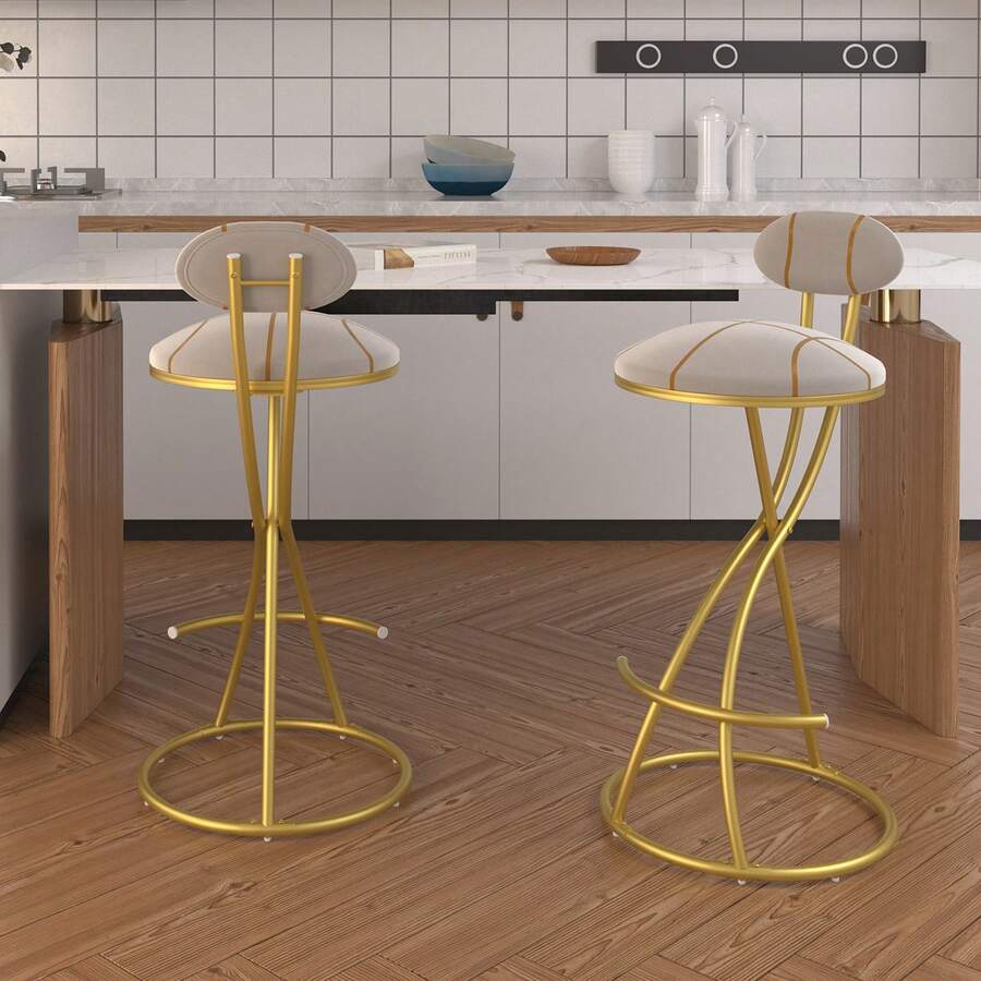 Set Of 2 Modern Velvet Bar Stools With Built-In Footrest, Gold Metal Frame Counter Height Stools, Anti-Scratch Upholstered Kitchen Stools For Dining & Home Bar Gold - Gold - View 1