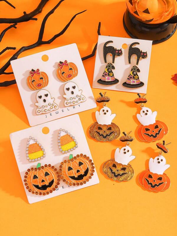 2 Stücke/4 Stücke süße & lustige Kürbis, Geist, Zuckermais, Hexenhut, Schwarze Katze Ohrringe, interessante Halloween Feiertags Ohrringe, Ohrringe mit Strass, Anhänger Ohrringe, Feiertags Kostümparty Schmuckgeschenk, geeignet als Damen Halloween Accessoires Feiertags Geschenk
