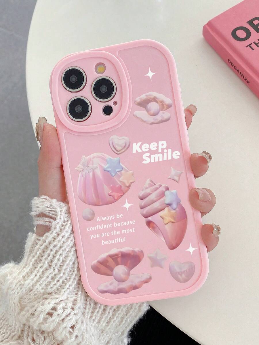 Ins Sweet Dream + Shell Faux Pearl Print Cute Pink Shell Star "Keep Smile" Print Daily Protective Beach Vacation Phone Case, Minimalist TPU Matte Anti-Fingerprint Niche Creative Full-Wrap Soft Shell Pink Phone Case, Phone Protective Cover, Compatible With Samsung Phones, Compatible With Iphone 13 Protective Case Compatible With IPhone 13, IPhone Protective Case, Compatible With Samsung Galaxy Phones, Cover, Compatible With Iphone Protective Case Compatible With IPhone 16 Pro Max - Multicolor - View 1
